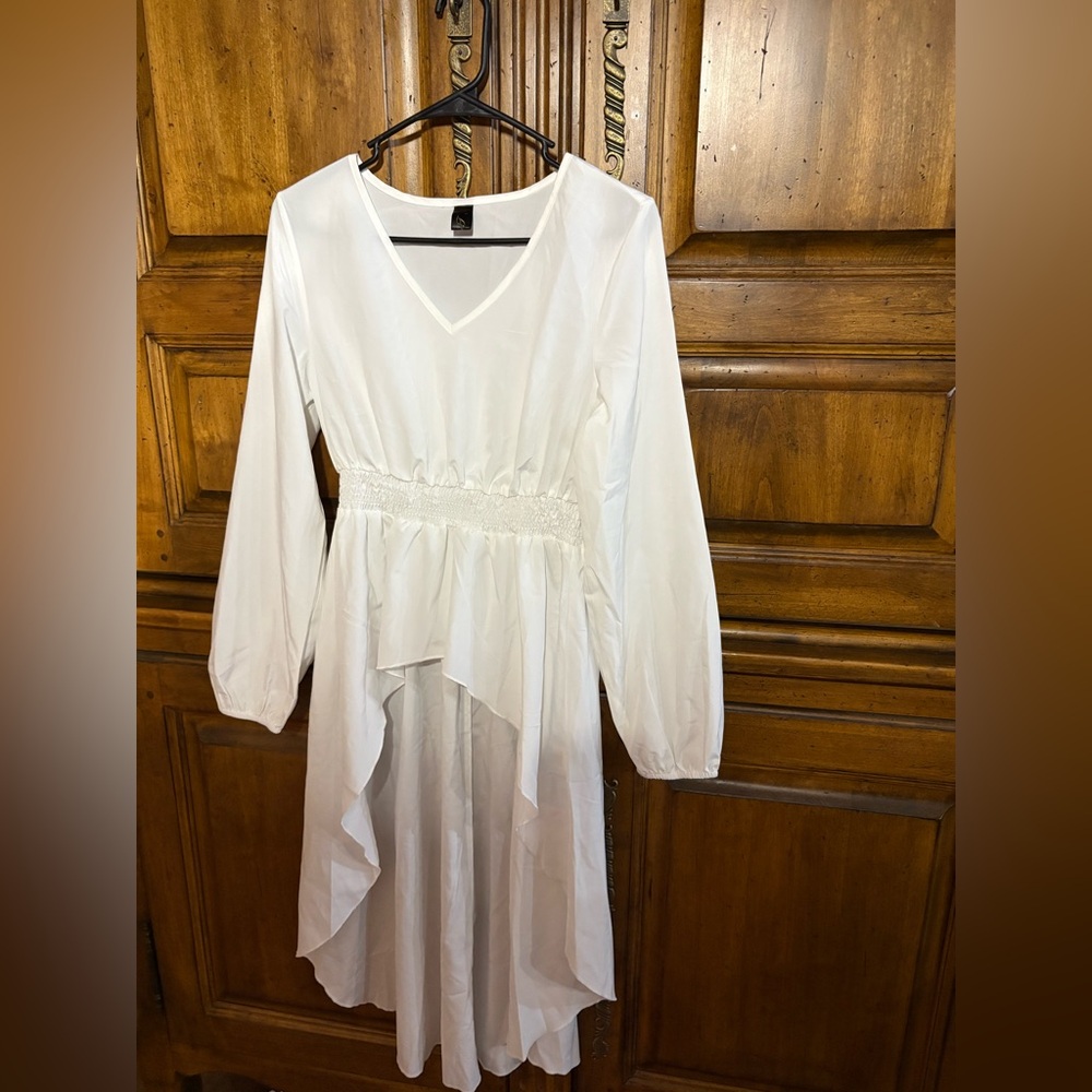 White V-Neck Long Sleeve Ruffled Waist high low shirt